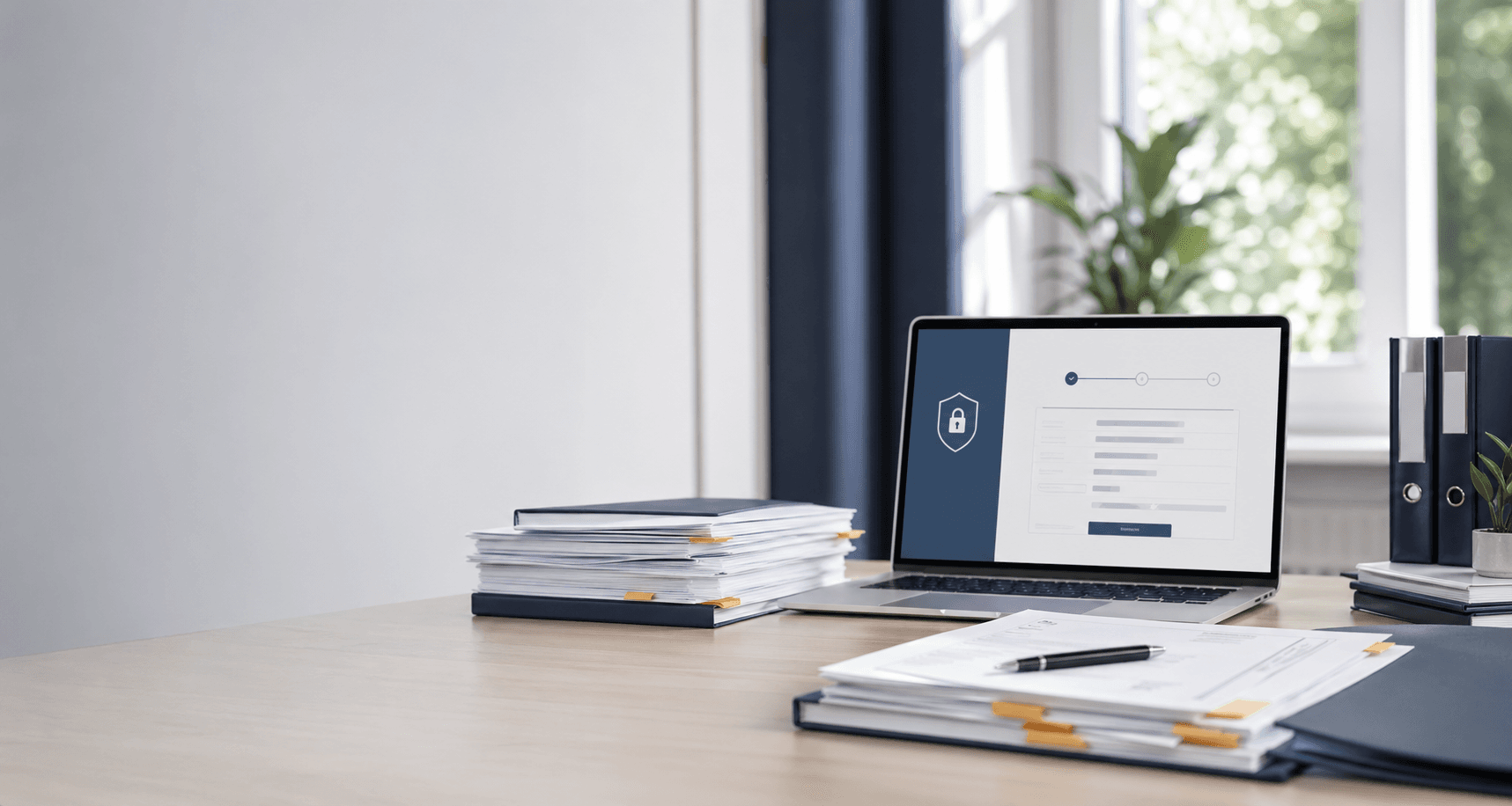 Uporządkowane dokumenty, laptop i formularz w spokojnym centrum pomocy dokumentacyjnej